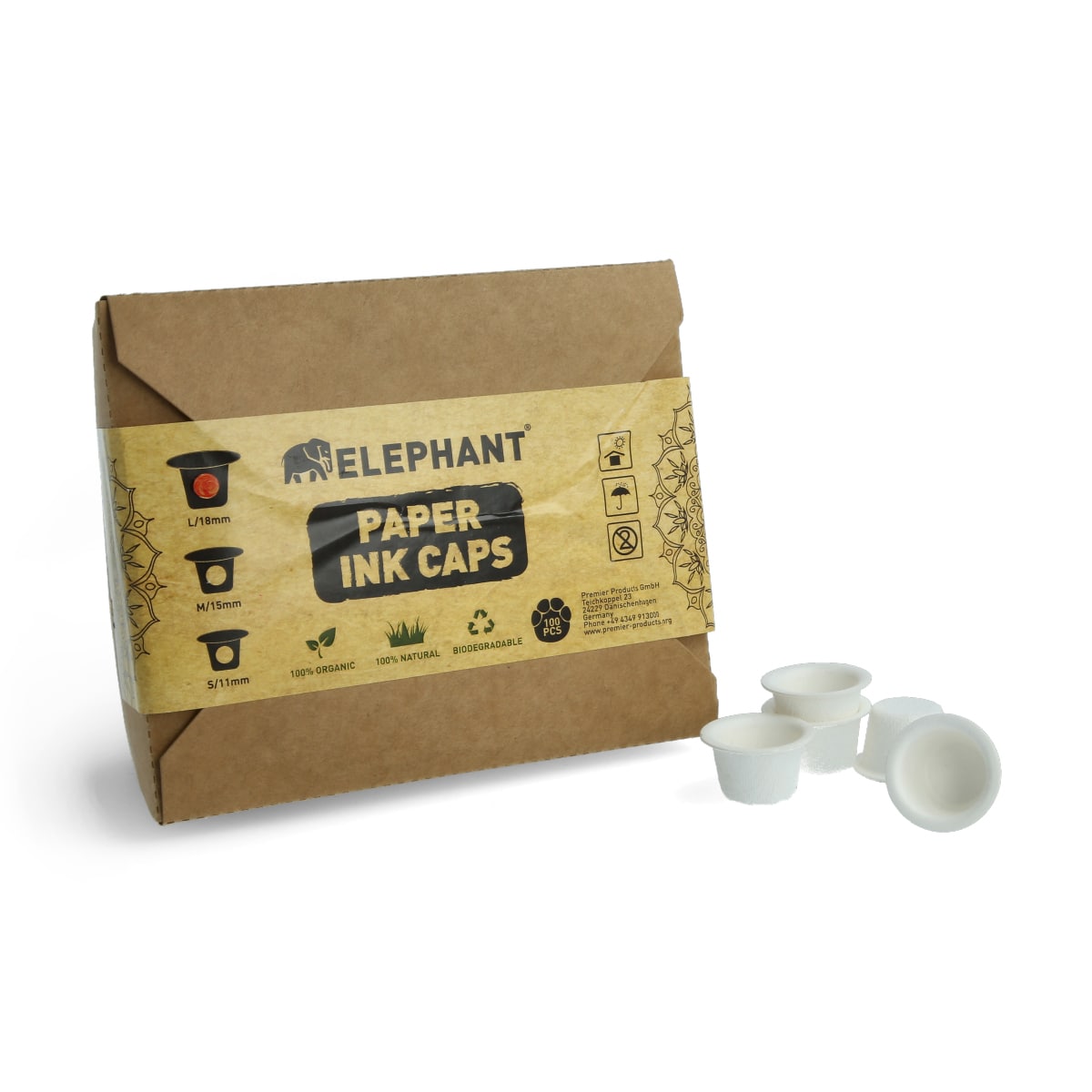 Elephant - Paper Ink Caps - Biologisch abbaubar - 100 Stück Größe: 18 mm