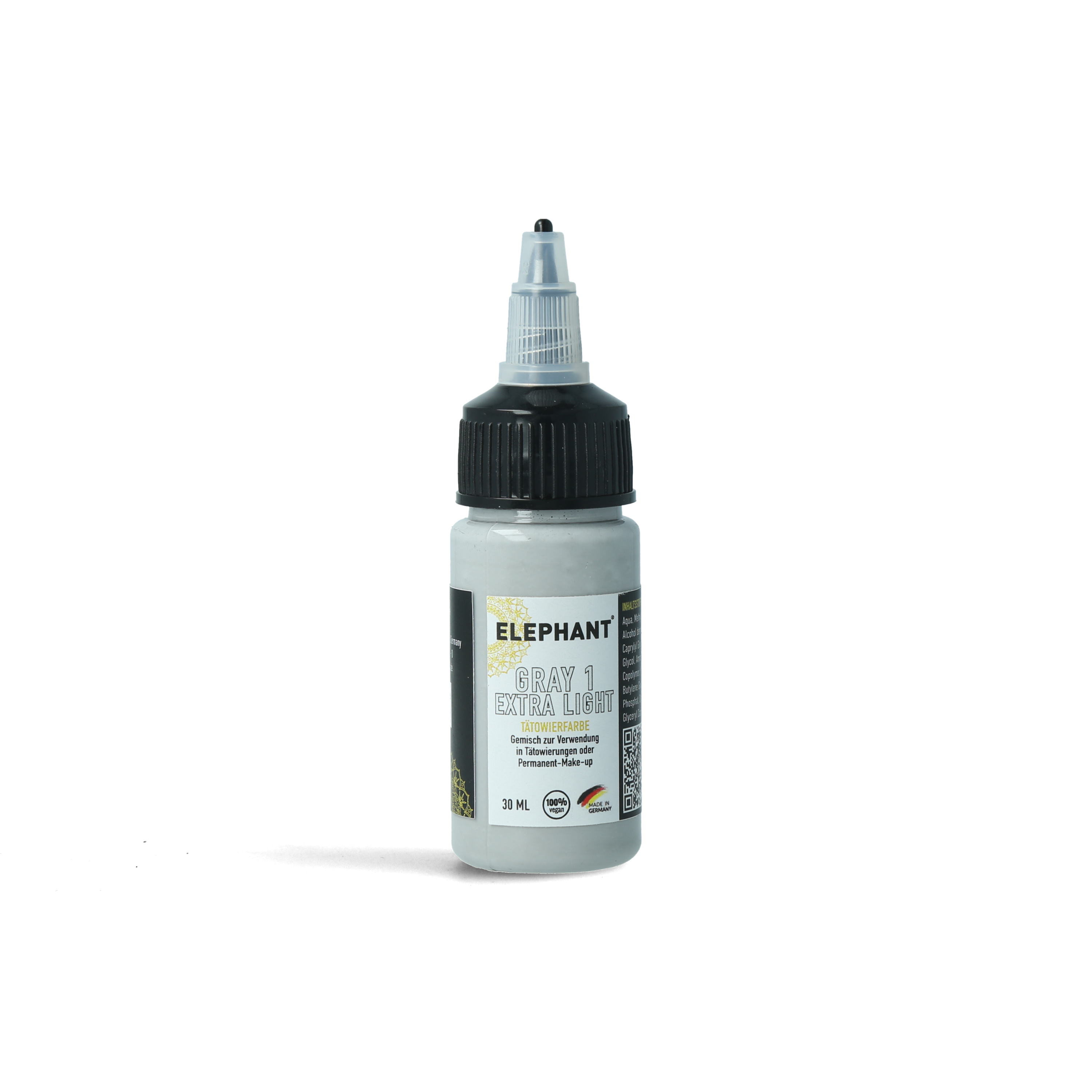 Elephant Tattoo Ink Gray Extra Light – Extra light grey tattoo ink for delicate gradients and soft backgrounds (30ml)