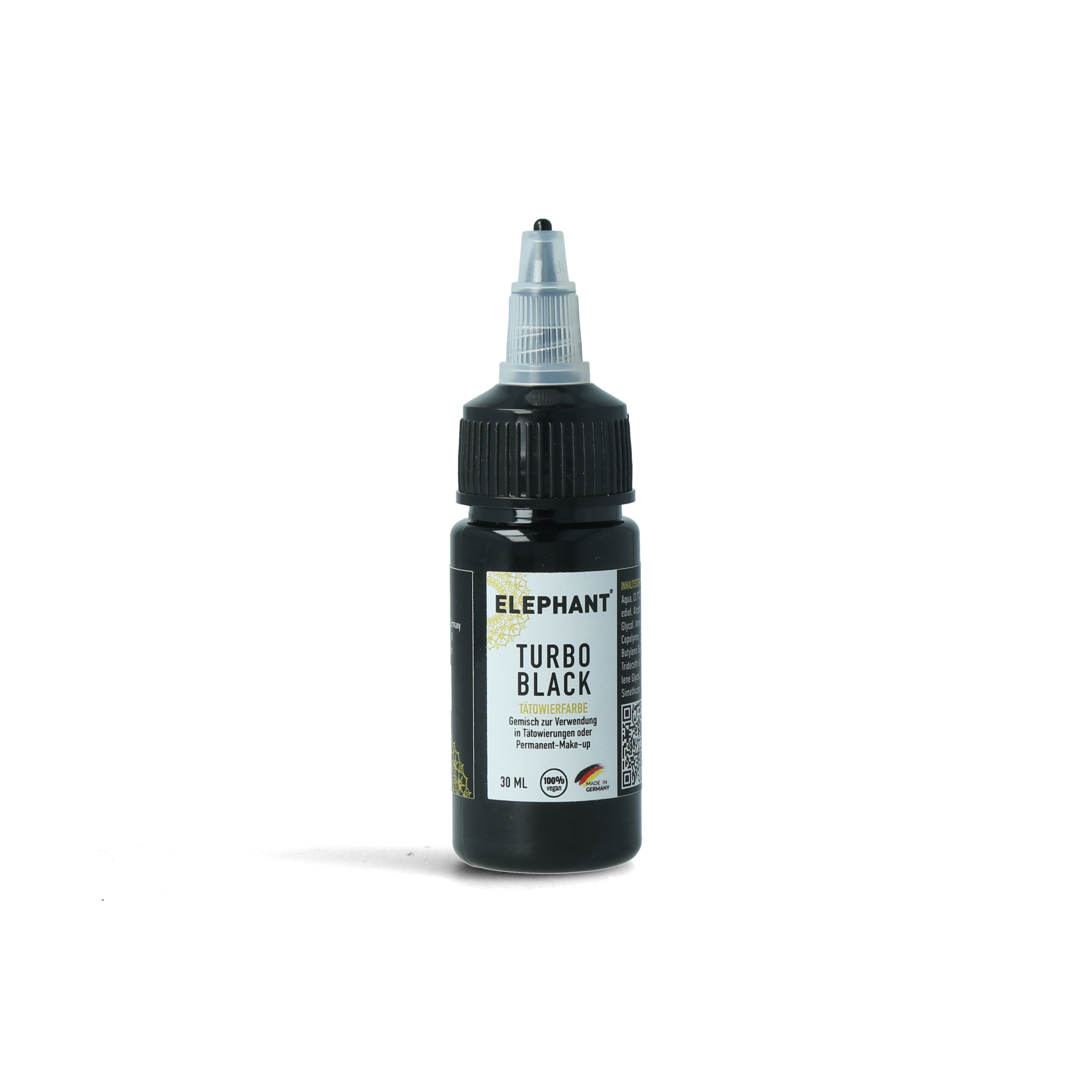 Elephant Tattoo Ink Turbo Black – Hochpigmentierte schwarze Tätowierfarbe in der 30ml Flasche für schnelles Füllen und satte Flächen