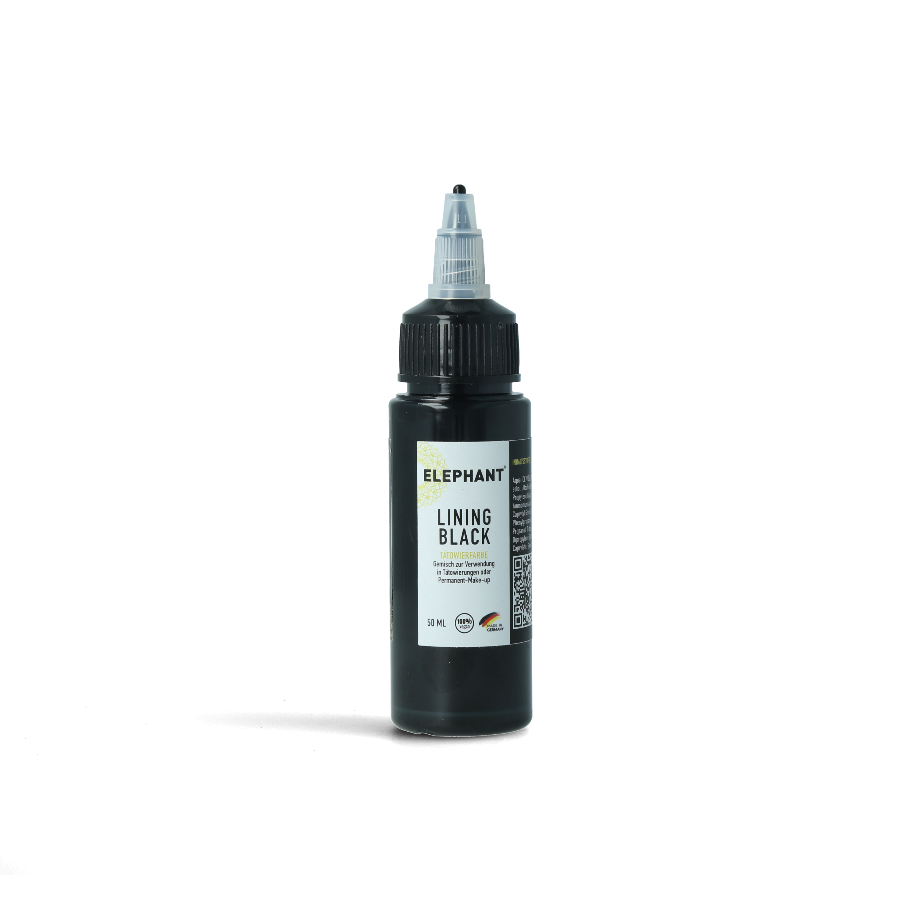 Elephant Tattoo Ink Lining Black – Hochpigmentierte schwarze Tätowierfarbe in der 50ml Flasche für präzise Outlines und scharfe Linienführung
