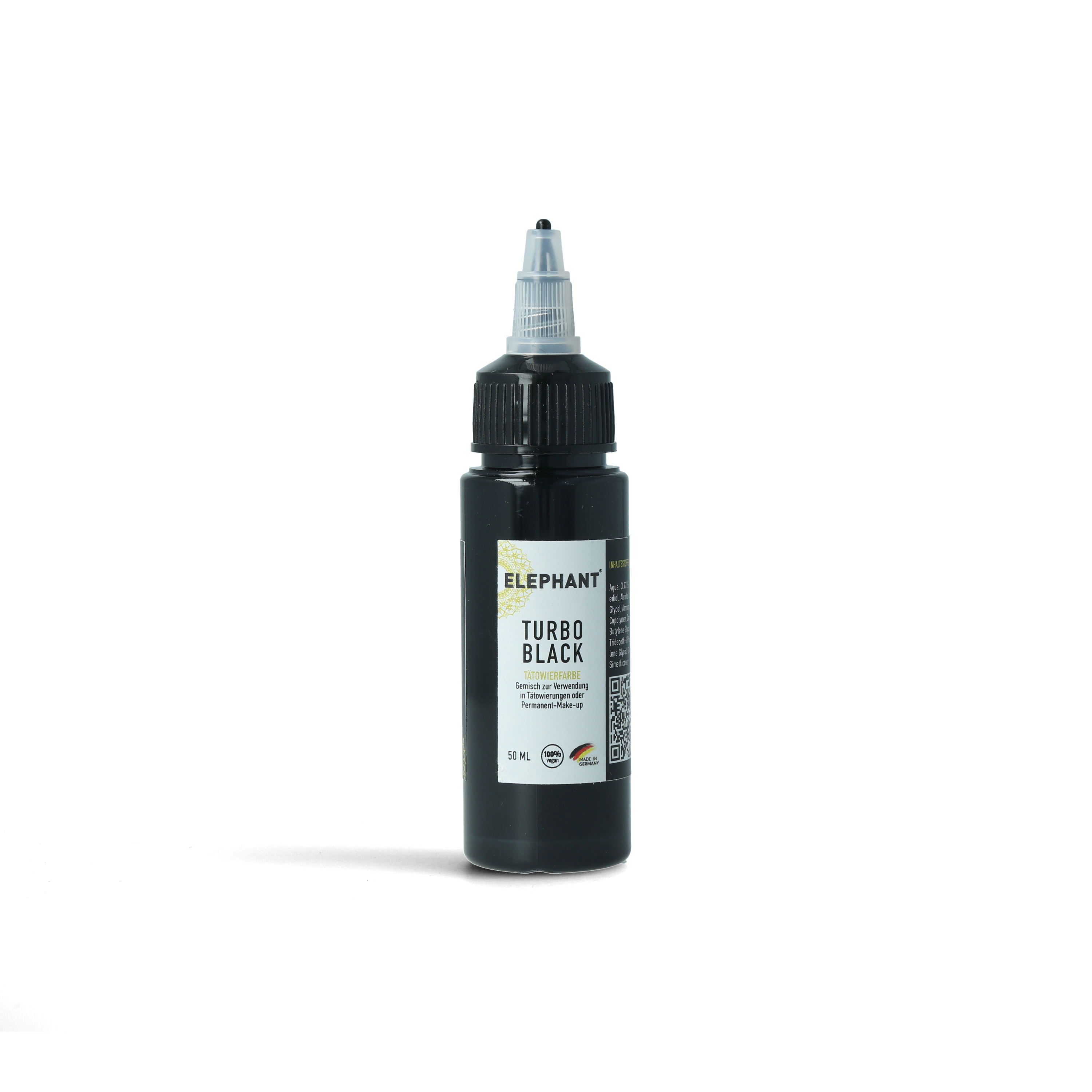 Elephant Tattoo Ink Turbo Black – Hochpigmentierte schwarze Tätowierfarbe in der 50ml Flasche für schnelles Füllen und satte Flächen