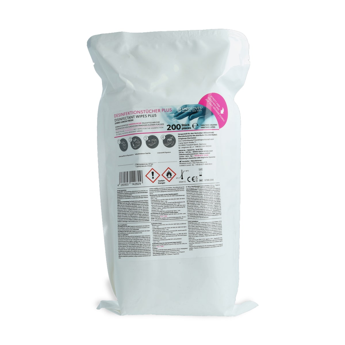Unigloves - Desinfektionstücher Plus Jumbo - Lemon Fresh - Nachfüllbeutel - 200 Stück