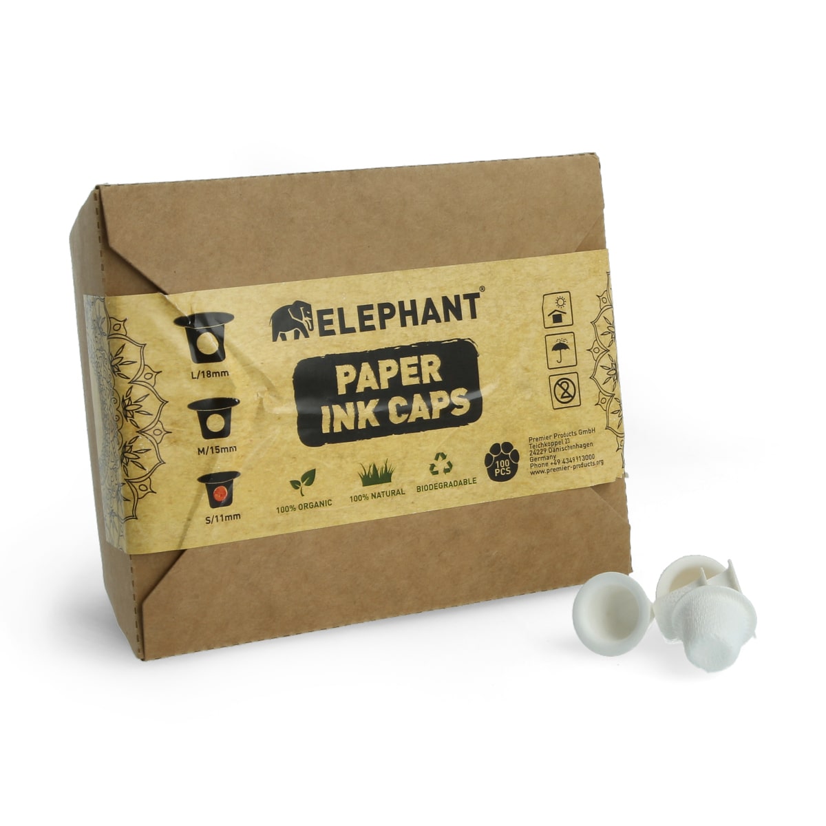 Elephant - Paper Ink Caps - Biologisch abbaubar - 100 Stück Größe: 11 mm